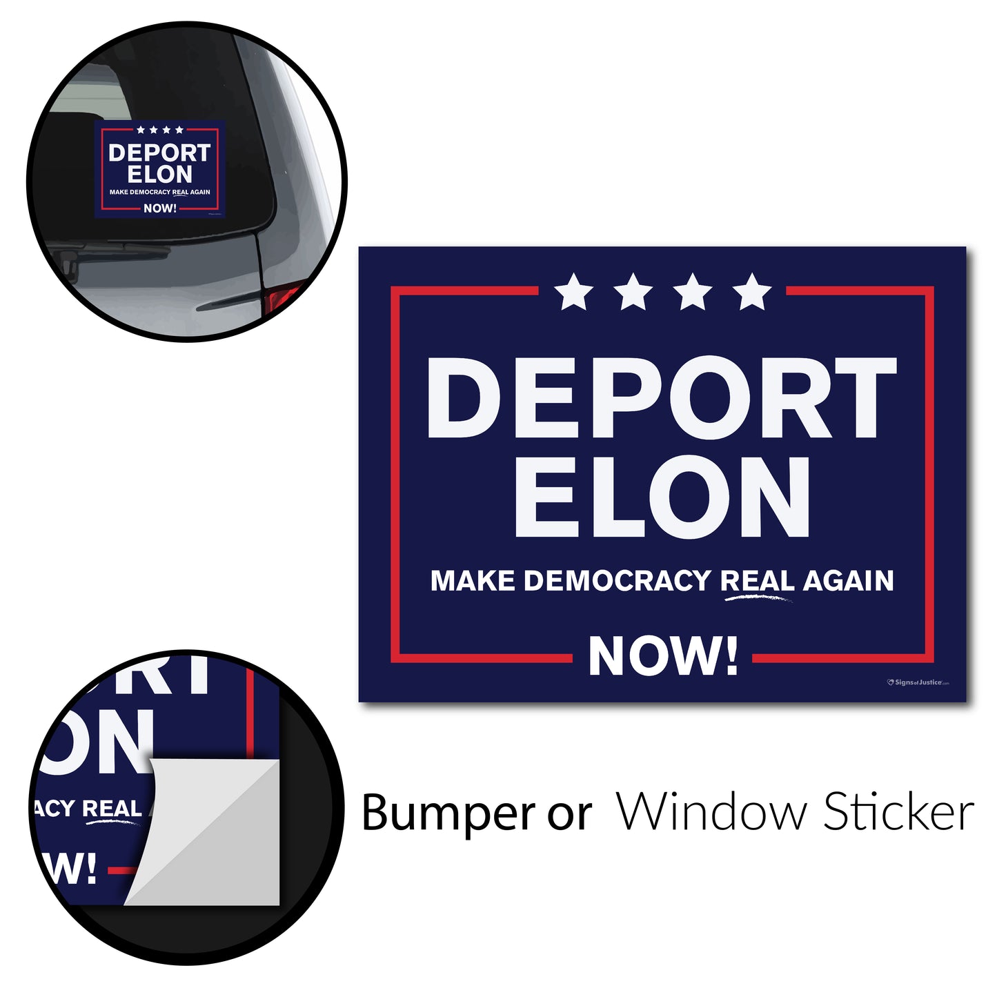 "Deport Elon Make Democracy Real Again" Bumper Stickers